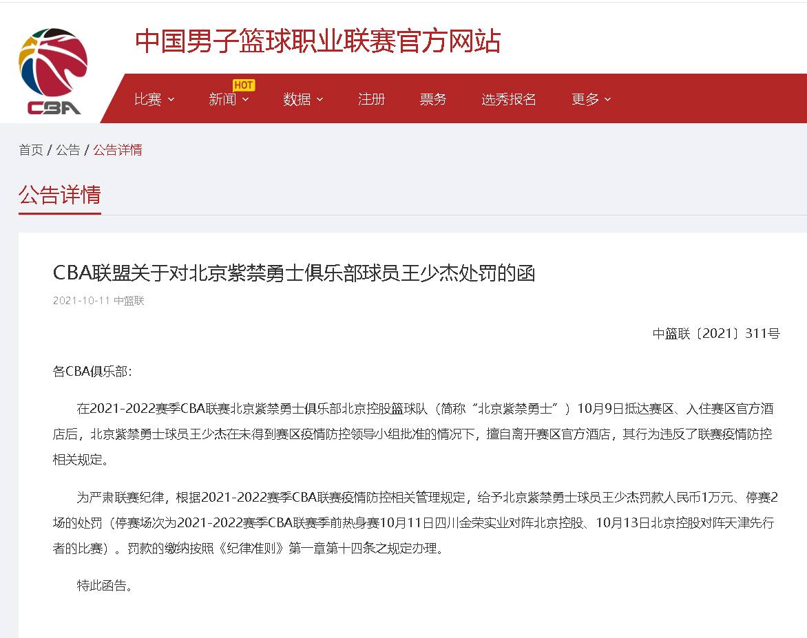CBA官方：北控球员王少杰因擅自离开赛区官方酒店 罚款1万元、停赛2场