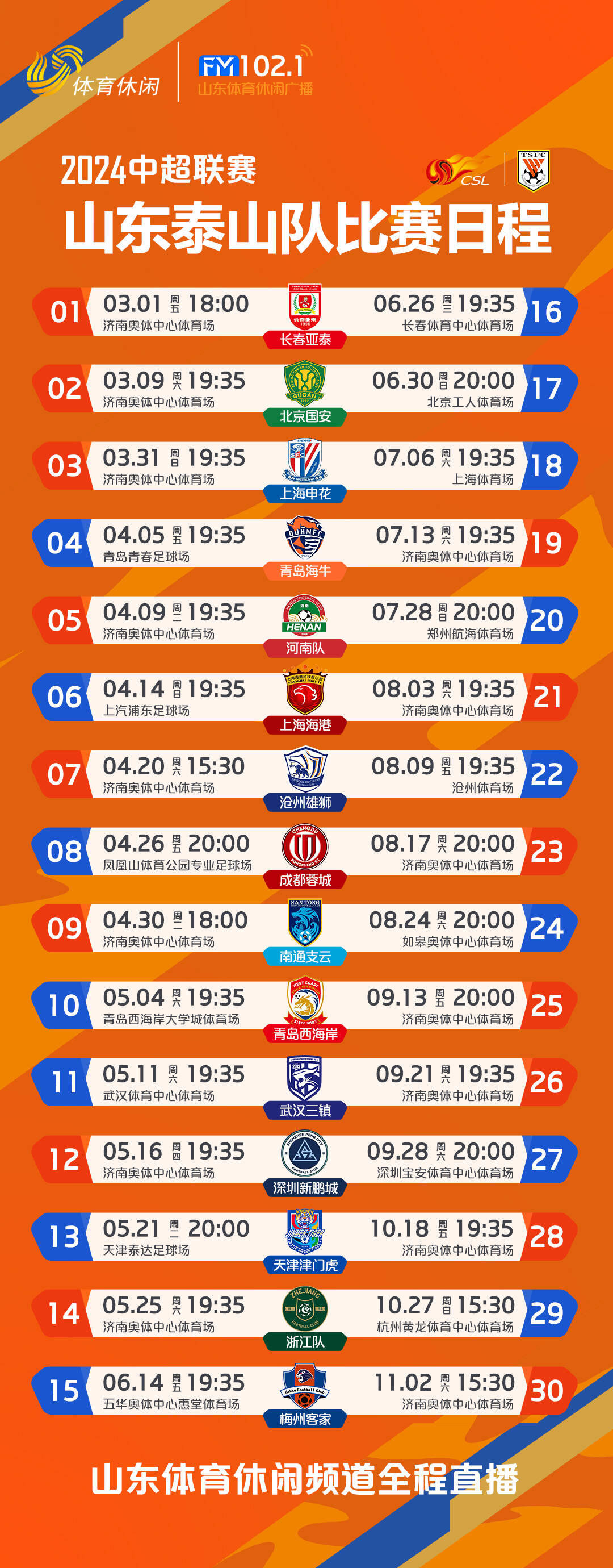 泰山队中超赛程来了3月1日首战亚泰