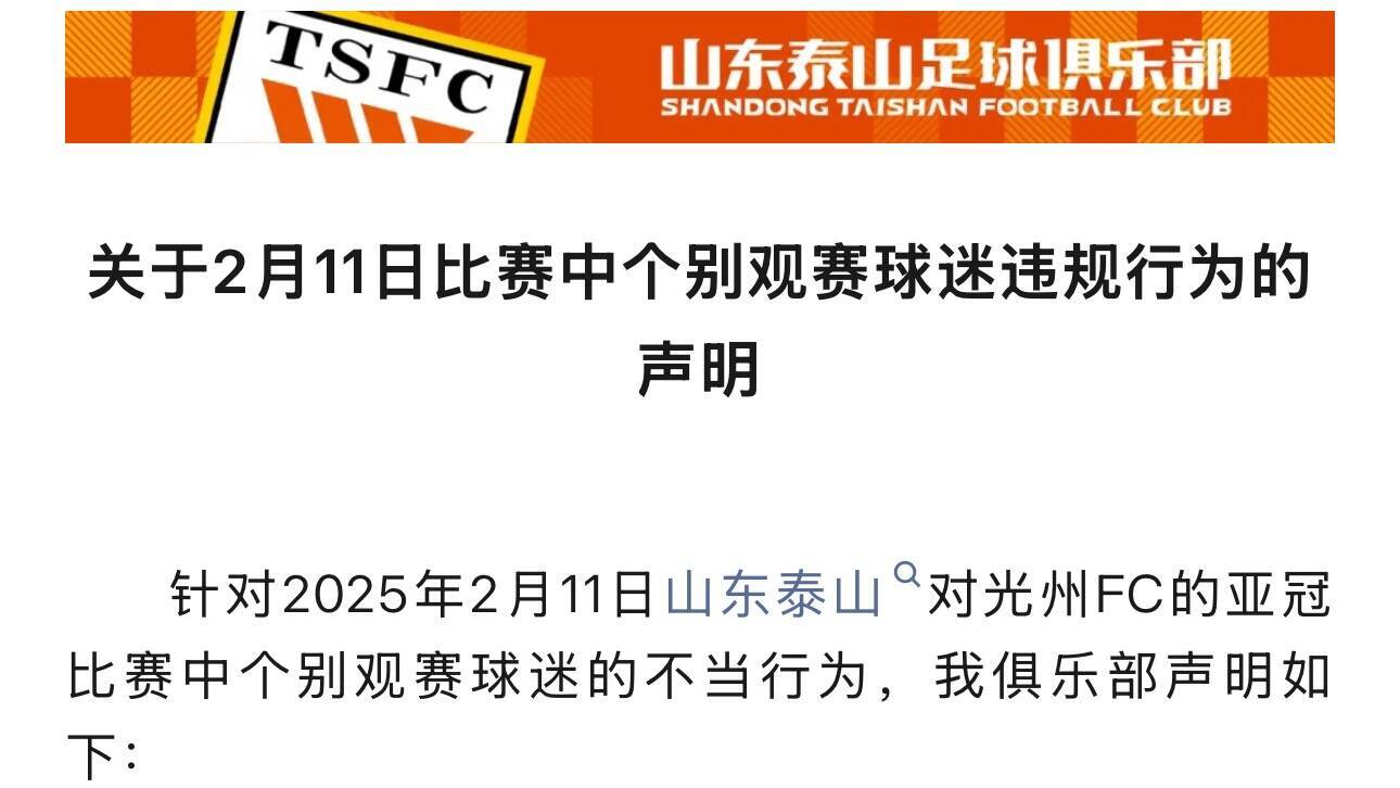 山東泰山足球俱樂部發布聲明 回應觀賽球迷違規行為