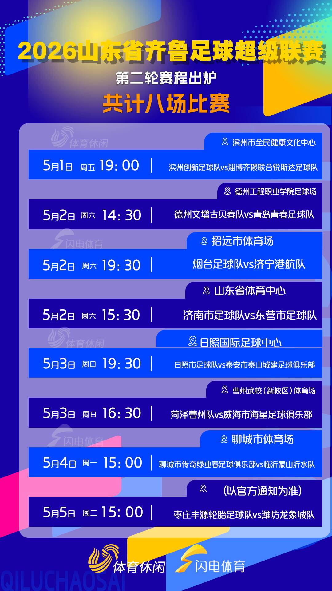 2026齐鲁超赛第二轮赛程出炉,五一假期八场激战一触即发