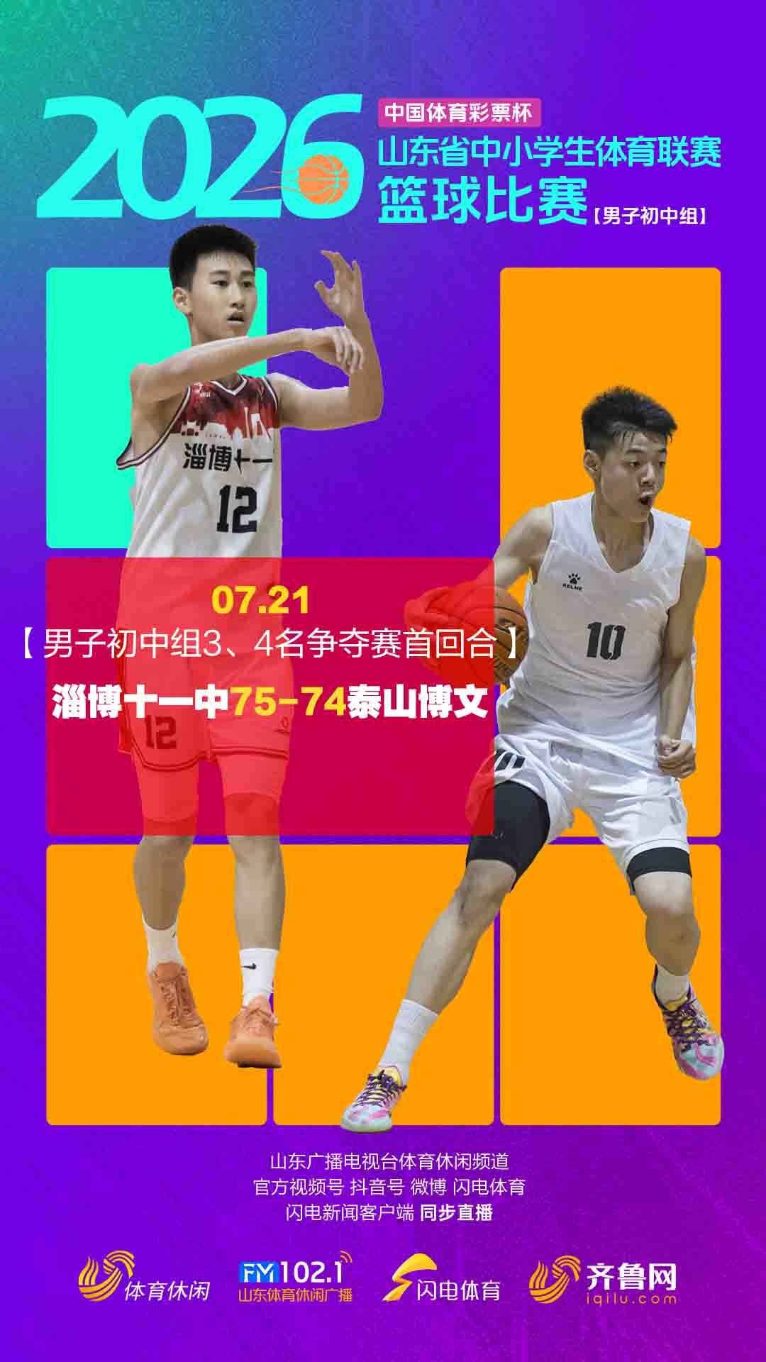 省中小学生篮球比赛男初组三四名争夺赛首回合：淄博十一中75-74泰山博文