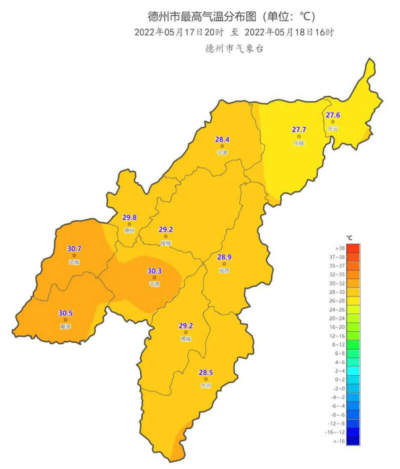 武城气温最高,30.7,其他各县市区也接近或达到30.